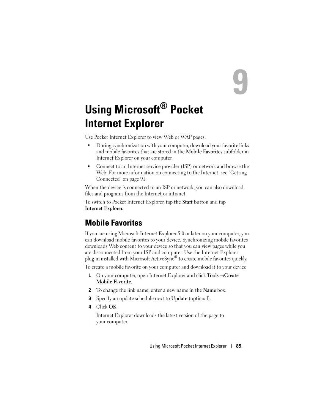 Dell X50 owner manual Mobile Favorites, Using Microsoft Pocket Internet Explorer 