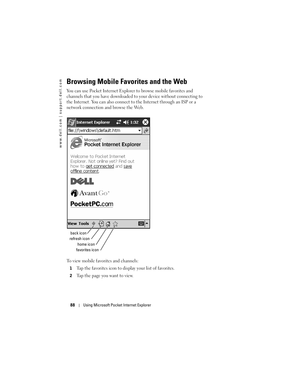 Dell X50 owner manual Browsing Mobile Favorites and the Web 