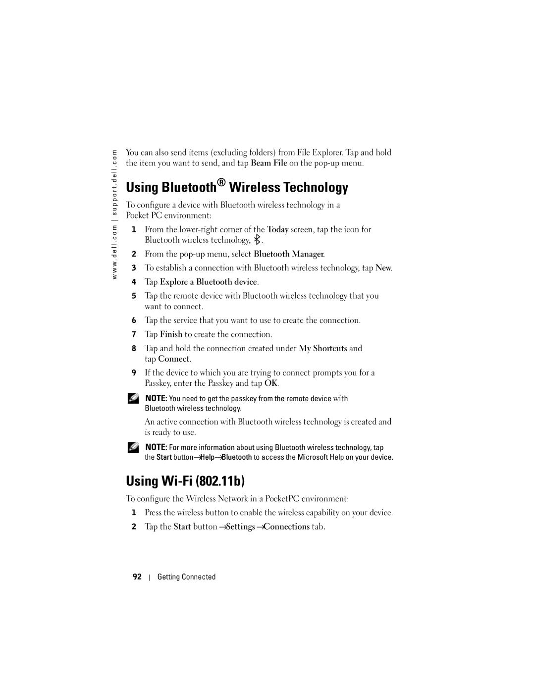 Dell X50 owner manual Using Bluetooth Wireless Technology, Using Wi-Fi 802.11b, Tap Explore a Bluetooth device 