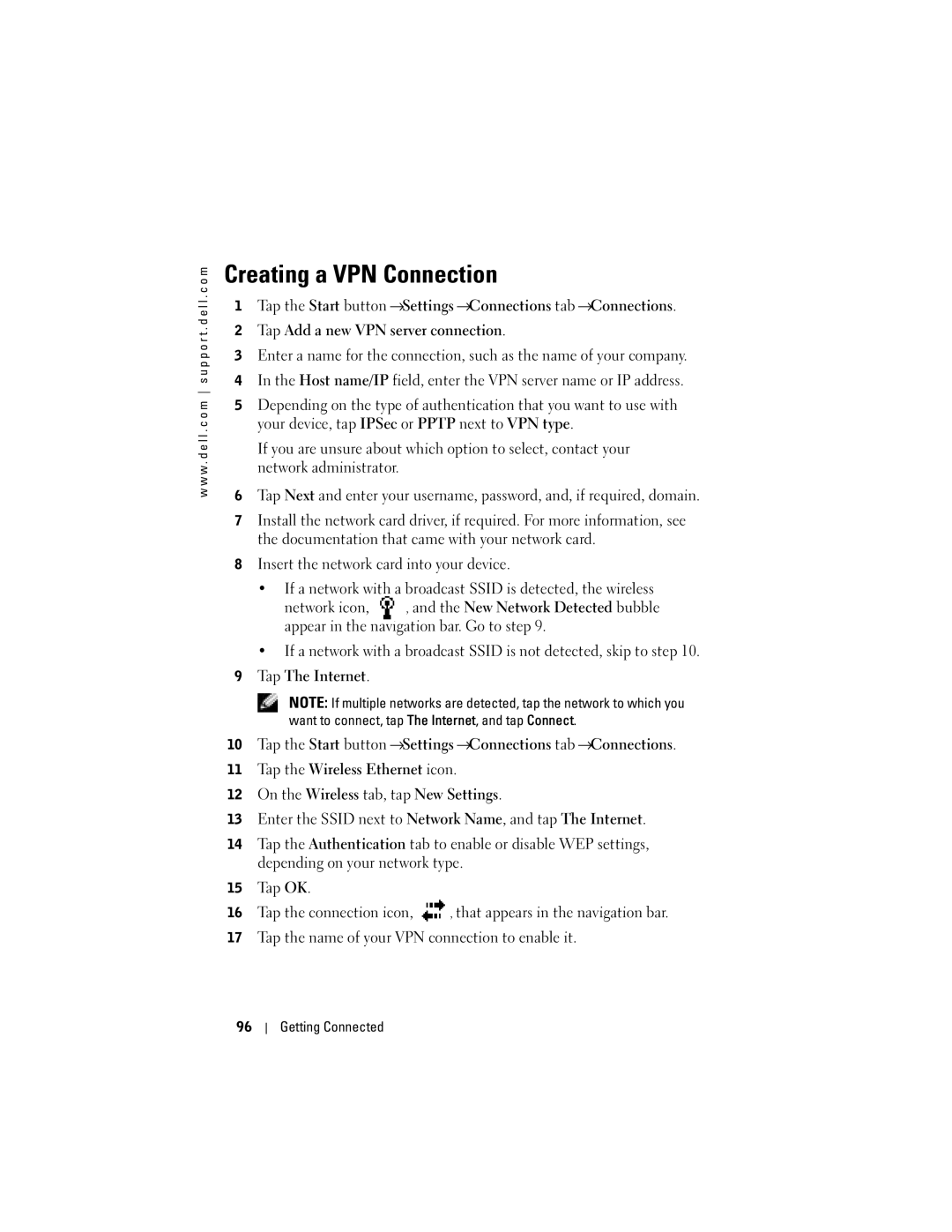 Dell X50 owner manual Creating a VPN Connection 