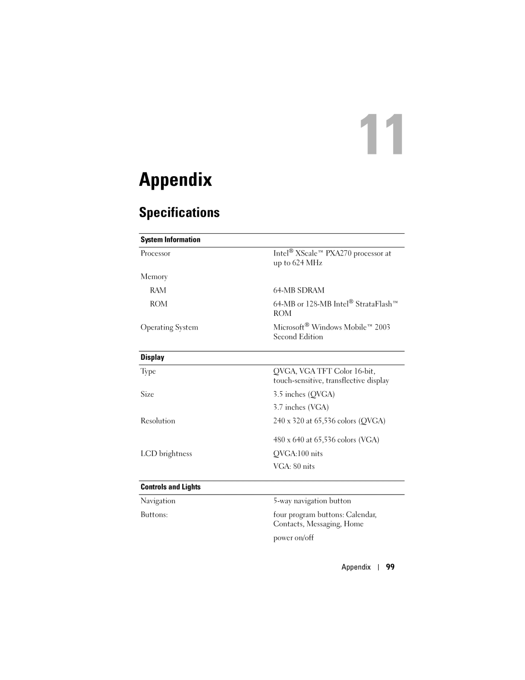 Dell X50 owner manual Appendix, Specifications 