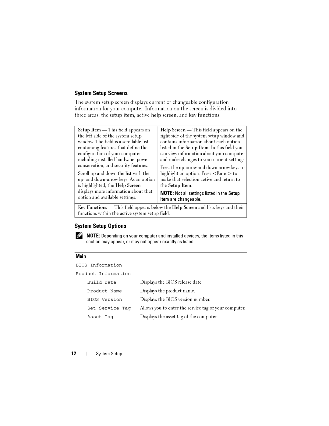 Dell X51, D05S owner manual System Setup Screens, Main 