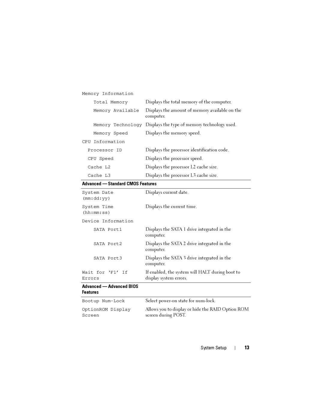 Dell D05S, X51 owner manual Advanced Standard Cmos Features 