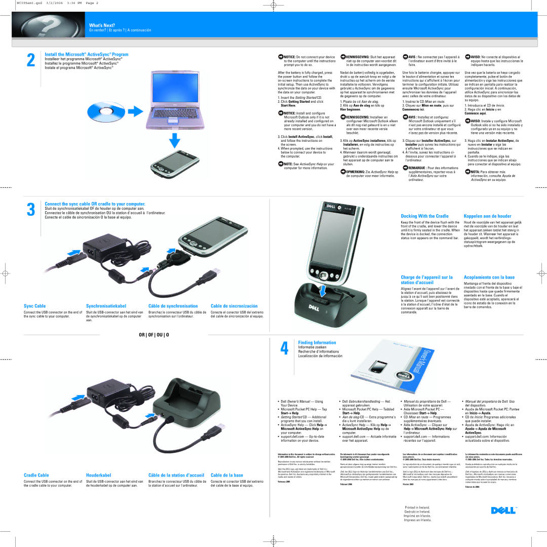 Dell X51v Install the Microsoft ActiveSync Program, Connect the sync cable or cradle to your computer, Finding Information 