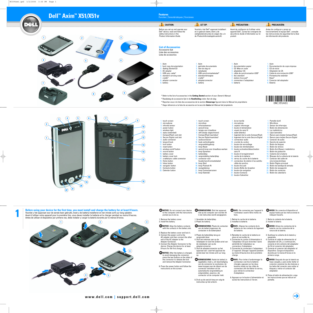 Dell owner manual Features, Dell Axim X51/X51v, w w w . d e l l . c o m s u p p o r t . d e l l . c o m, 0NC395A01 