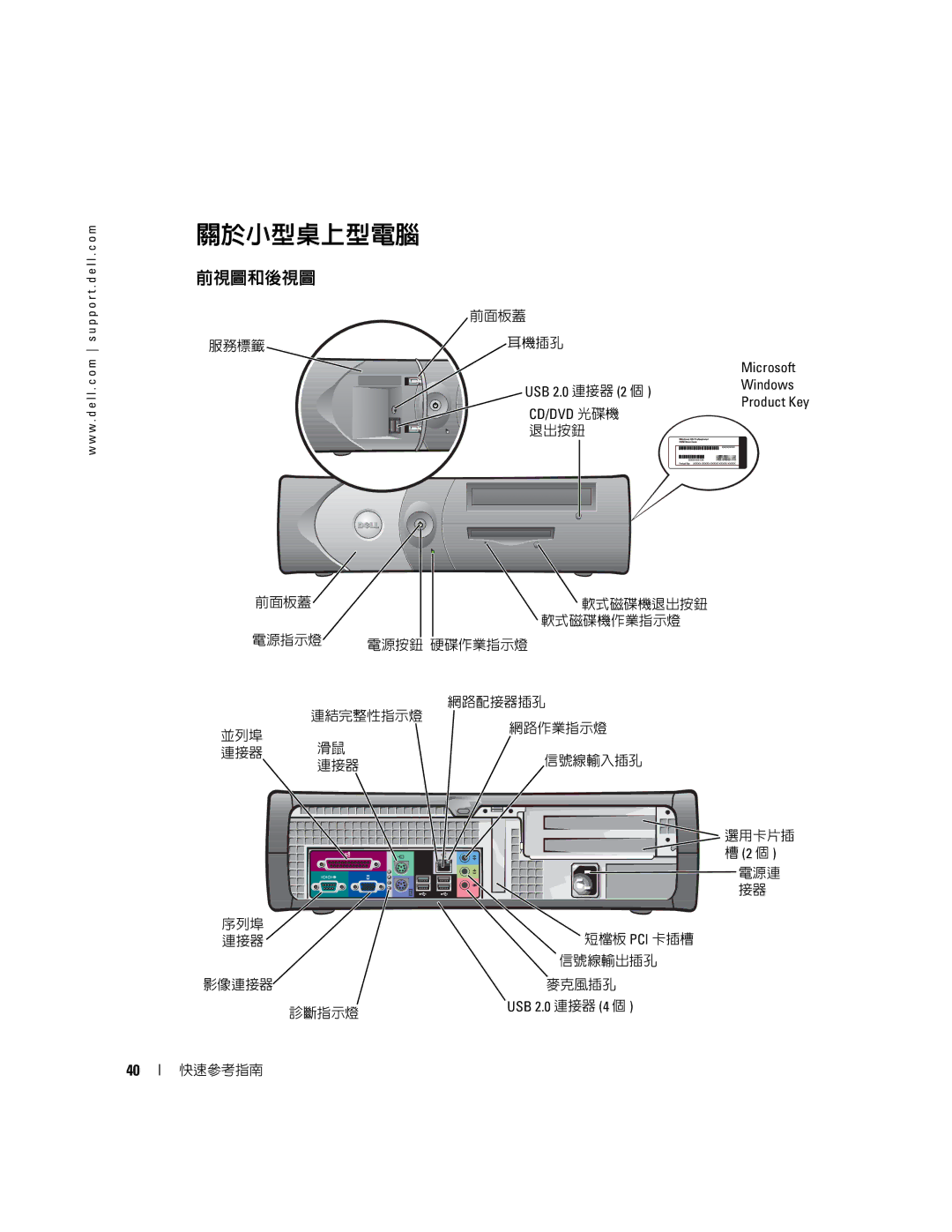 Dell X6740 manual 關於小型桌上型電腦, 前視圖和後視圖 