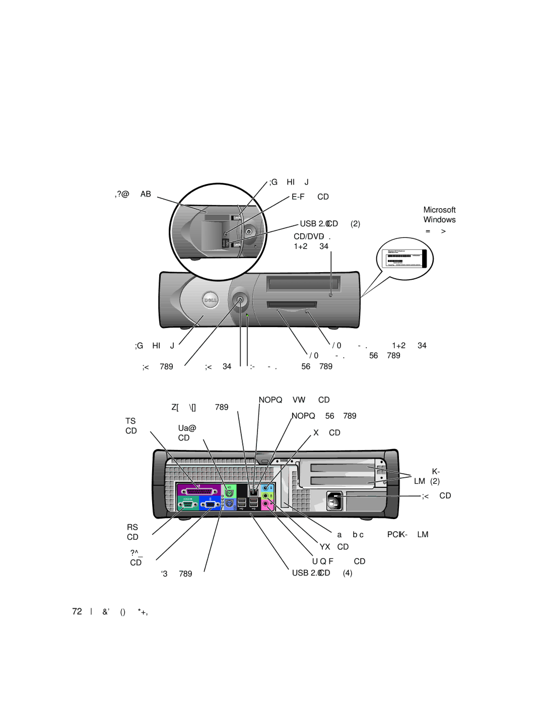 Dell X6740 manual 소형 데스크탑 컴퓨터 정보, 전면 및 후면 보기 