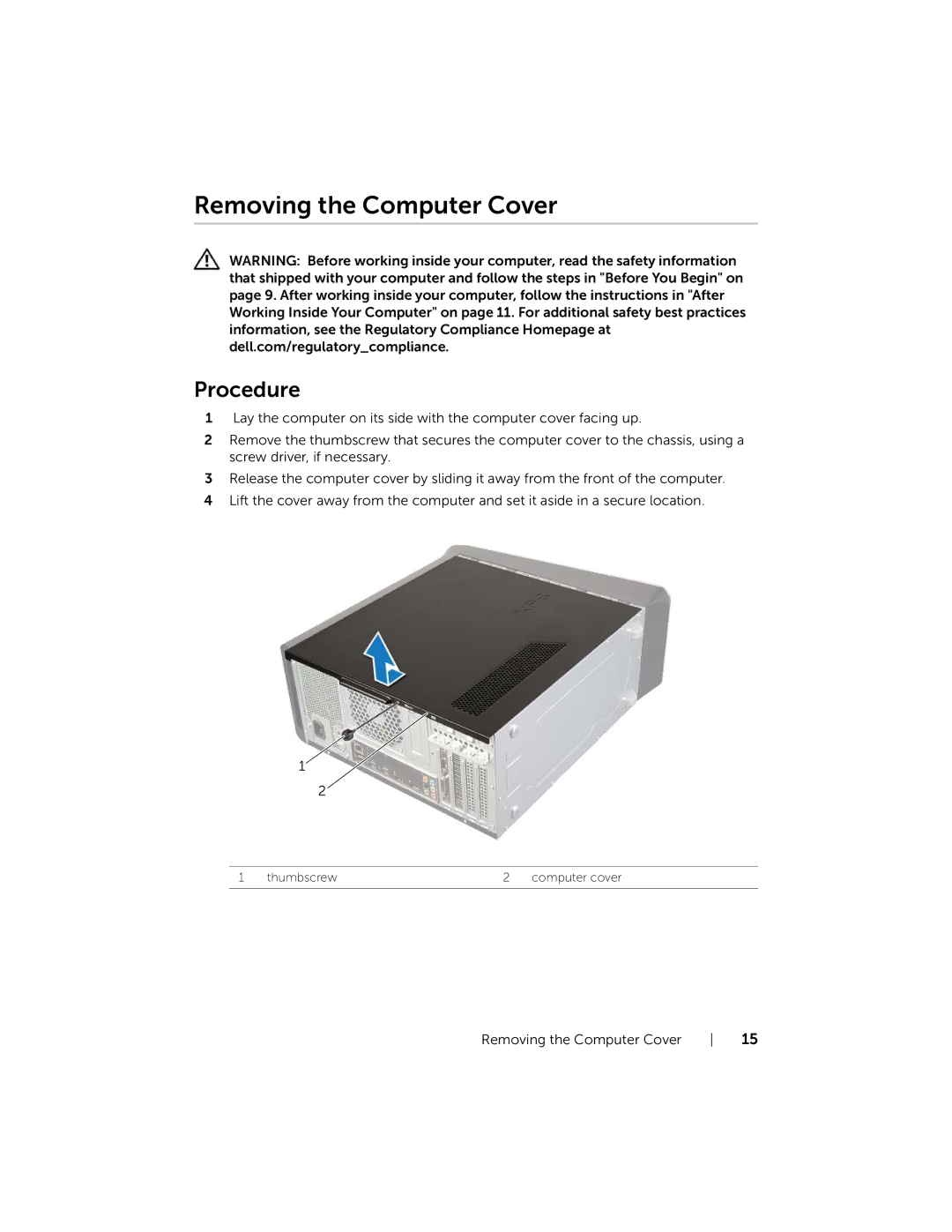 Dell XPS 8700, X87001253BLK manual Removing the Computer Cover, Procedure 