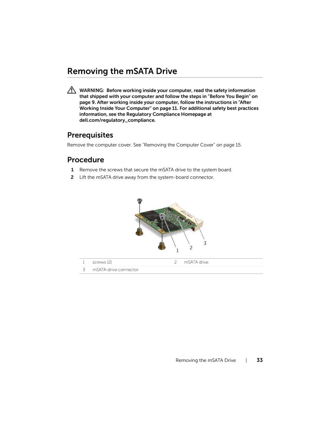 Dell XPS 8700, X87001253BLK manual Removing the mSATA Drive, Prerequisites 