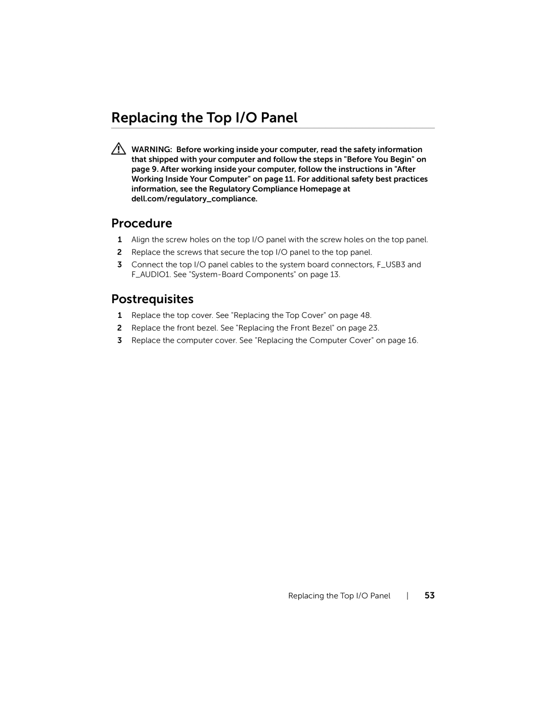 Dell XPS 8700, X87001253BLK manual Replacing the Top I/O Panel, Postrequisites 