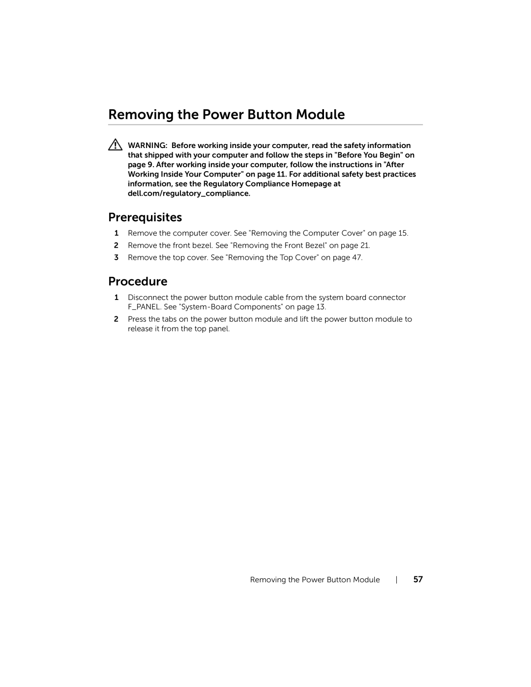 Dell XPS 8700, X87001253BLK manual Removing the Power Button Module, Prerequisites 