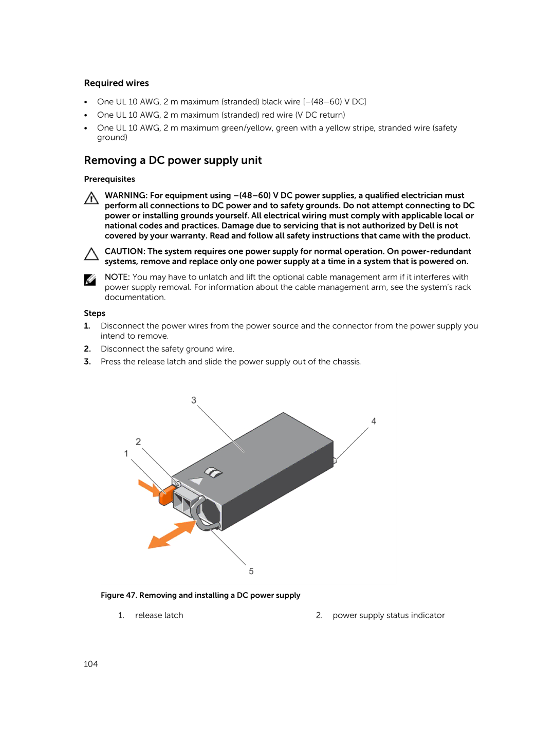 Dell XC730xd owner manual Removing a DC power supply unit, Required wires 