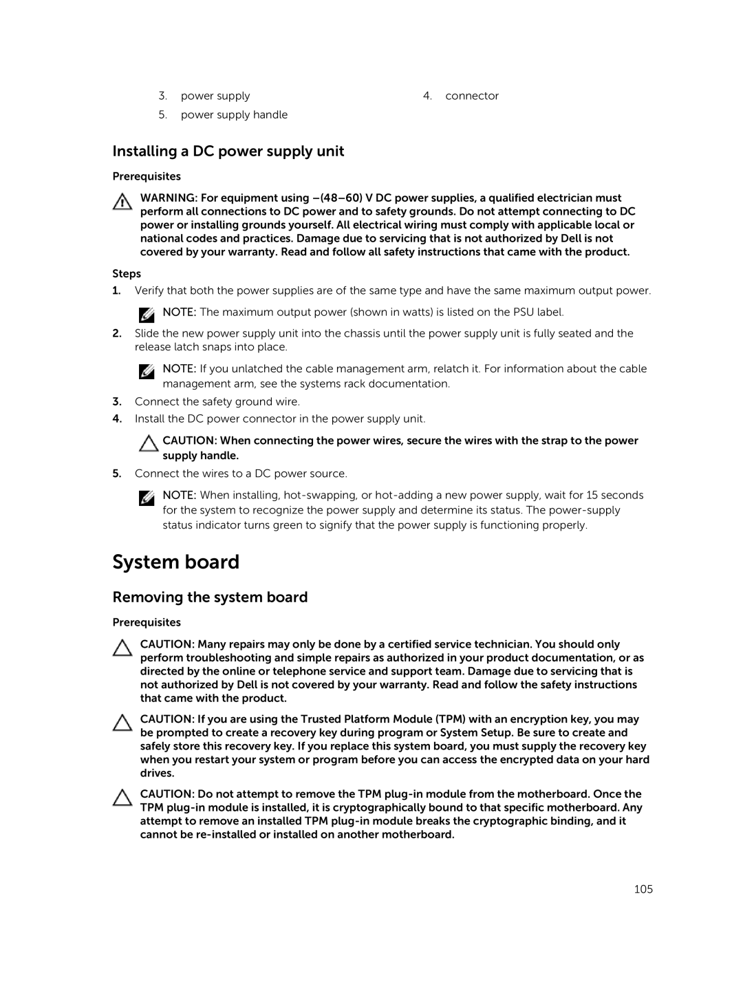 Dell XC730xd owner manual System board, Installing a DC power supply unit, Removing the system board 