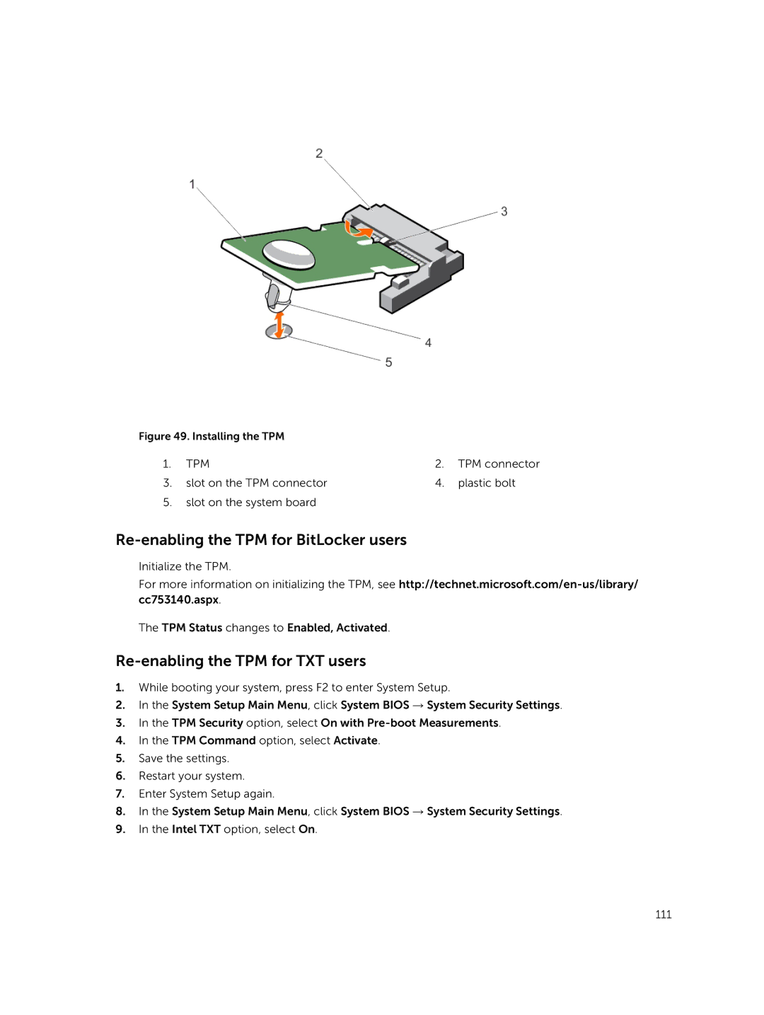 Dell XC730xd owner manual Re-enabling the TPM for BitLocker users, Re-enabling the TPM for TXT users 