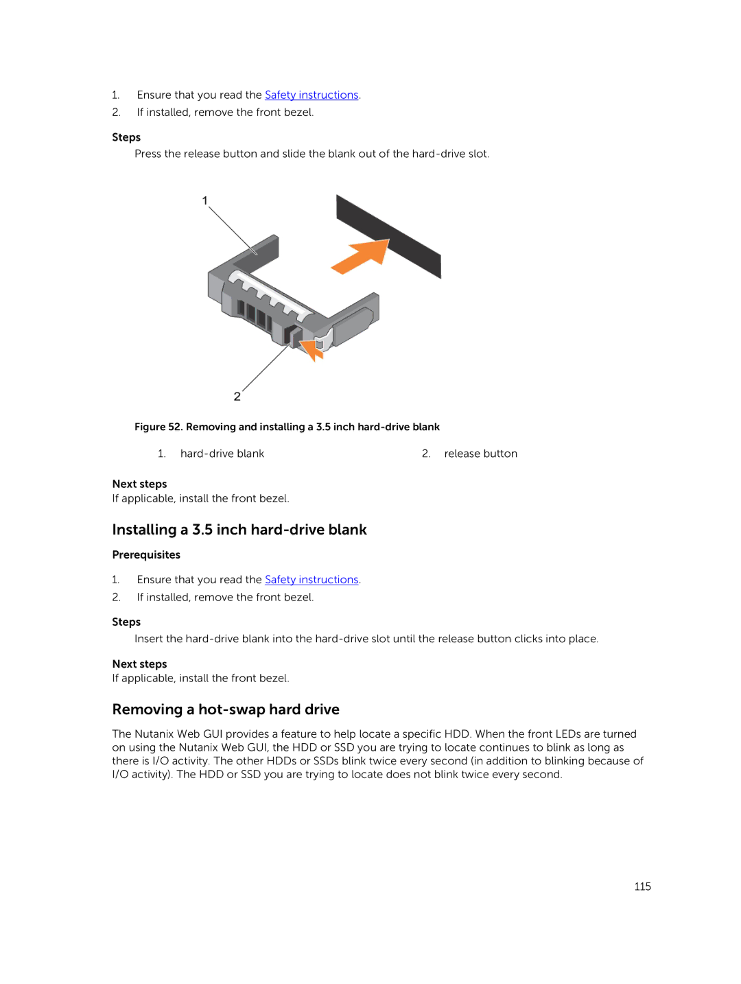 Dell XC730xd owner manual Installing a 3.5 inch hard-drive blank, Removing a hot-swap hard drive 