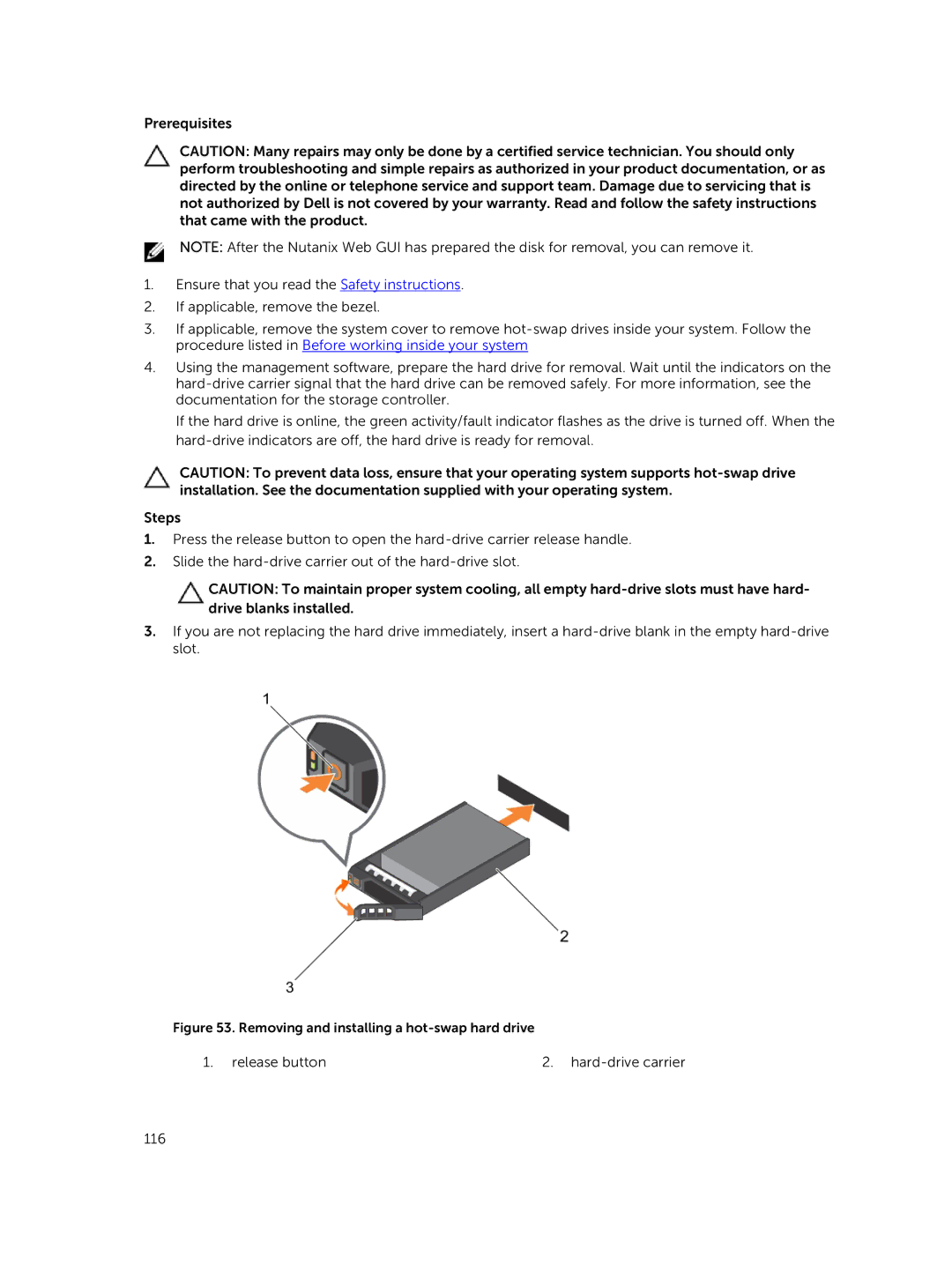 Dell XC730xd owner manual Release button Hard-drive carrier 116 