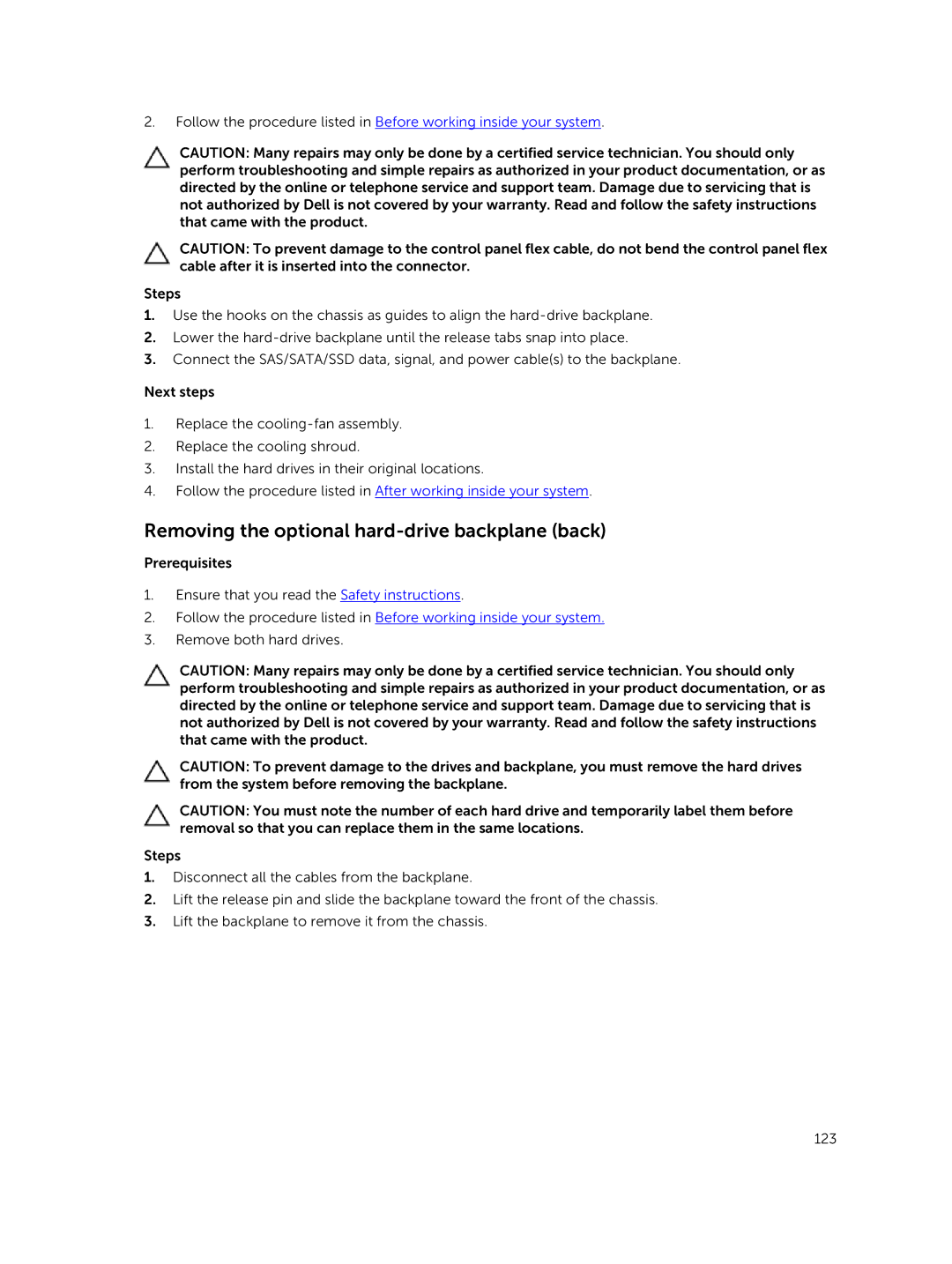 Dell XC730xd owner manual Removing the optional hard-drive backplane back 