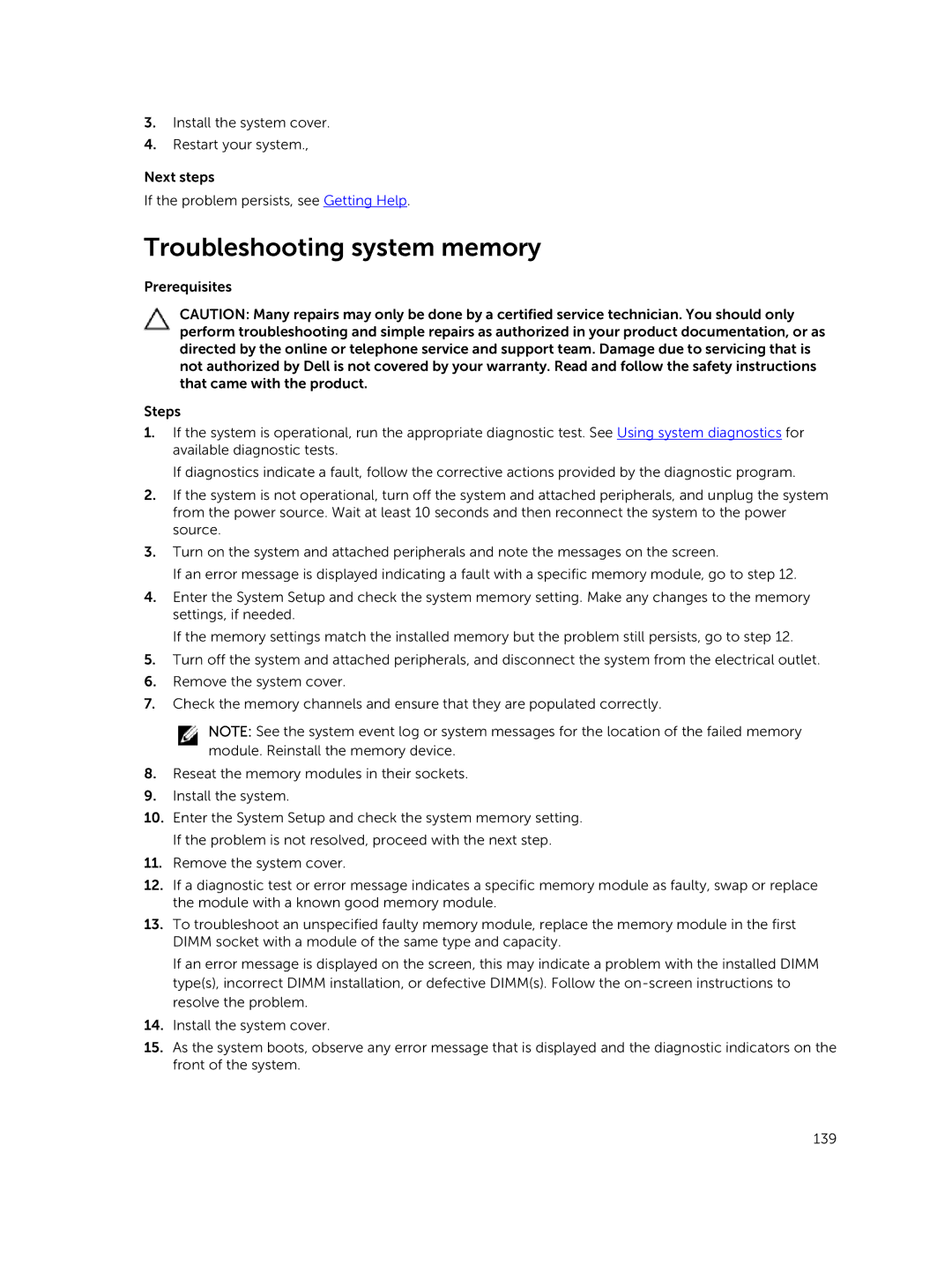 Dell XC730xd owner manual Troubleshooting system memory 