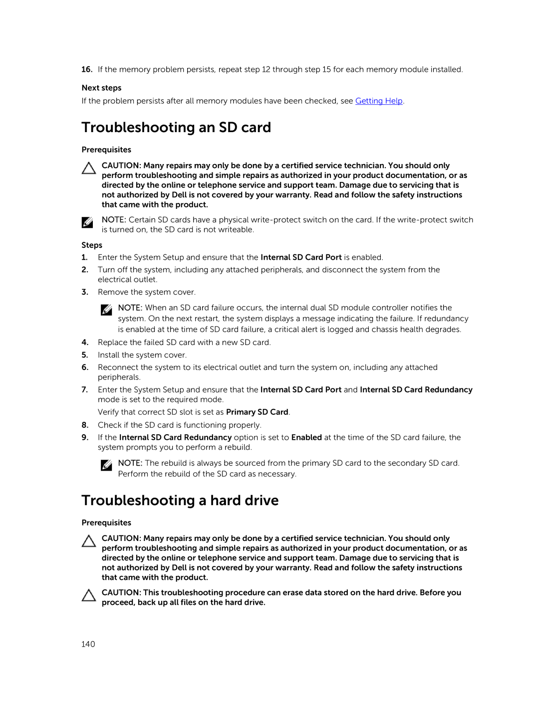 Dell XC730xd owner manual Troubleshooting an SD card, Troubleshooting a hard drive 