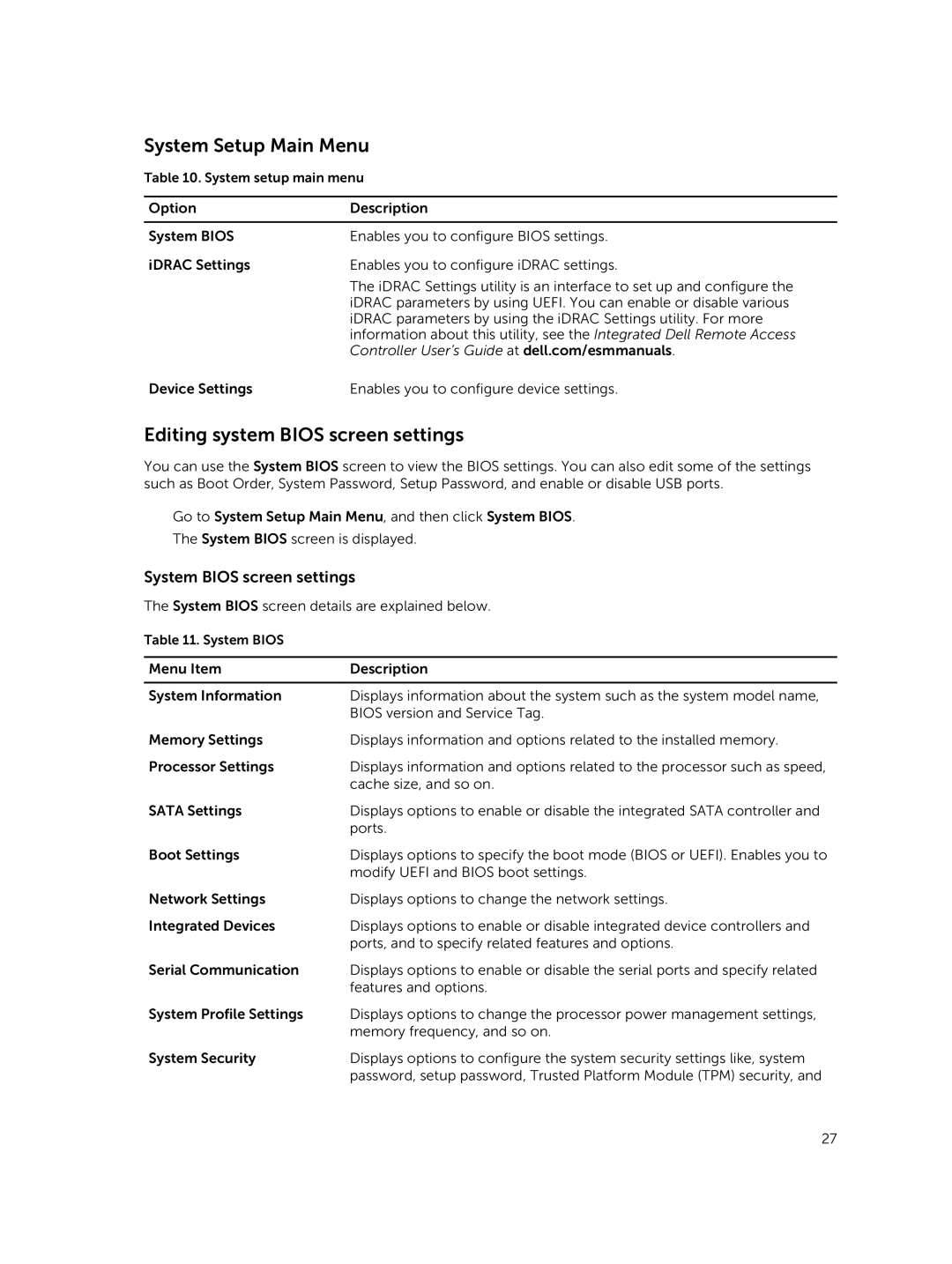 Dell XC730xd owner manual System Setup Main Menu, Editing system Bios screen settings, System Bios screen settings 