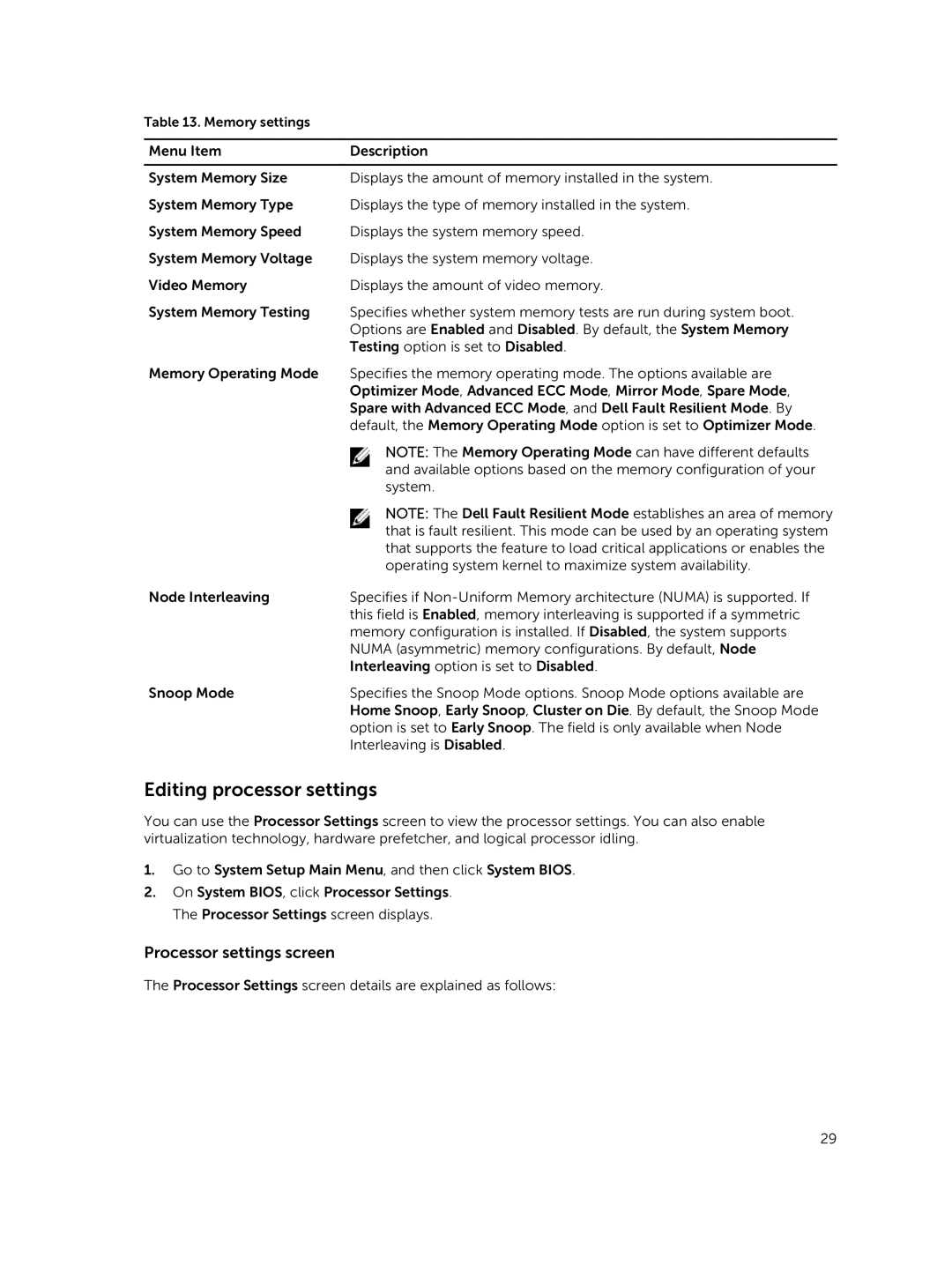 Dell XC730xd owner manual Editing processor settings, Processor settings screen 