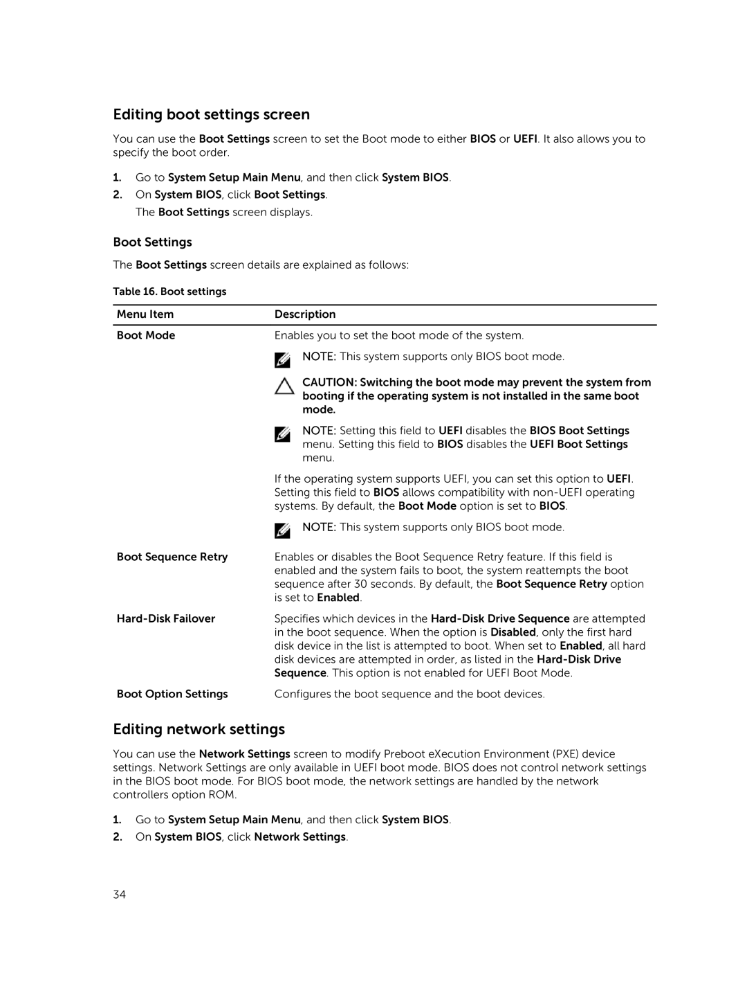 Dell XC730xd owner manual Editing boot settings screen, Editing network settings, Boot Settings 