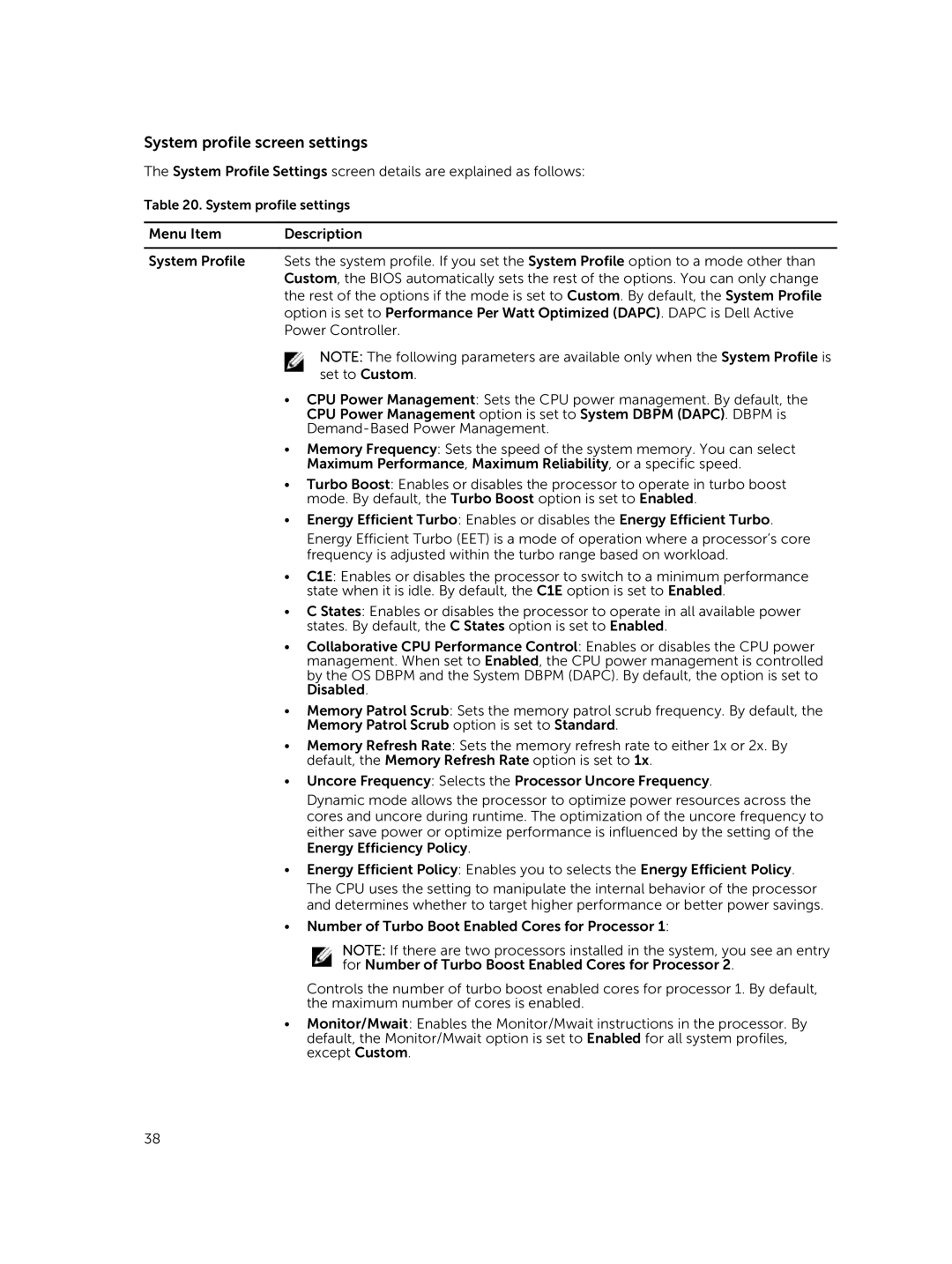 Dell XC730xd owner manual System profile screen settings 