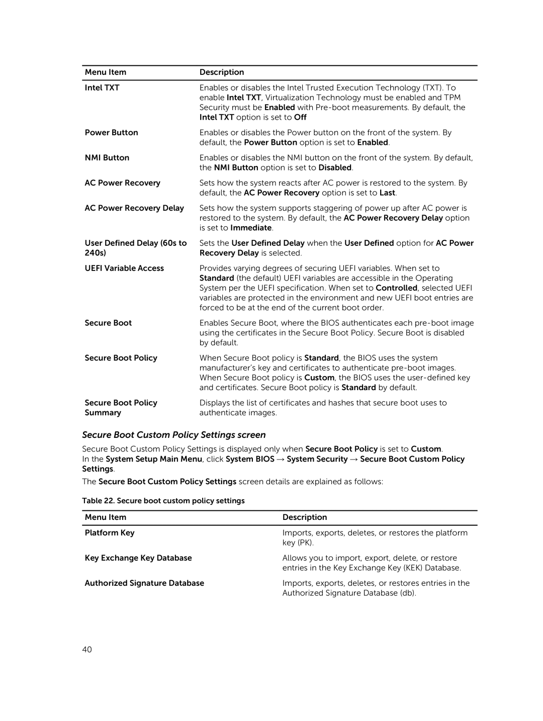 Dell XC730xd owner manual Secure Boot Custom Policy Settings screen 