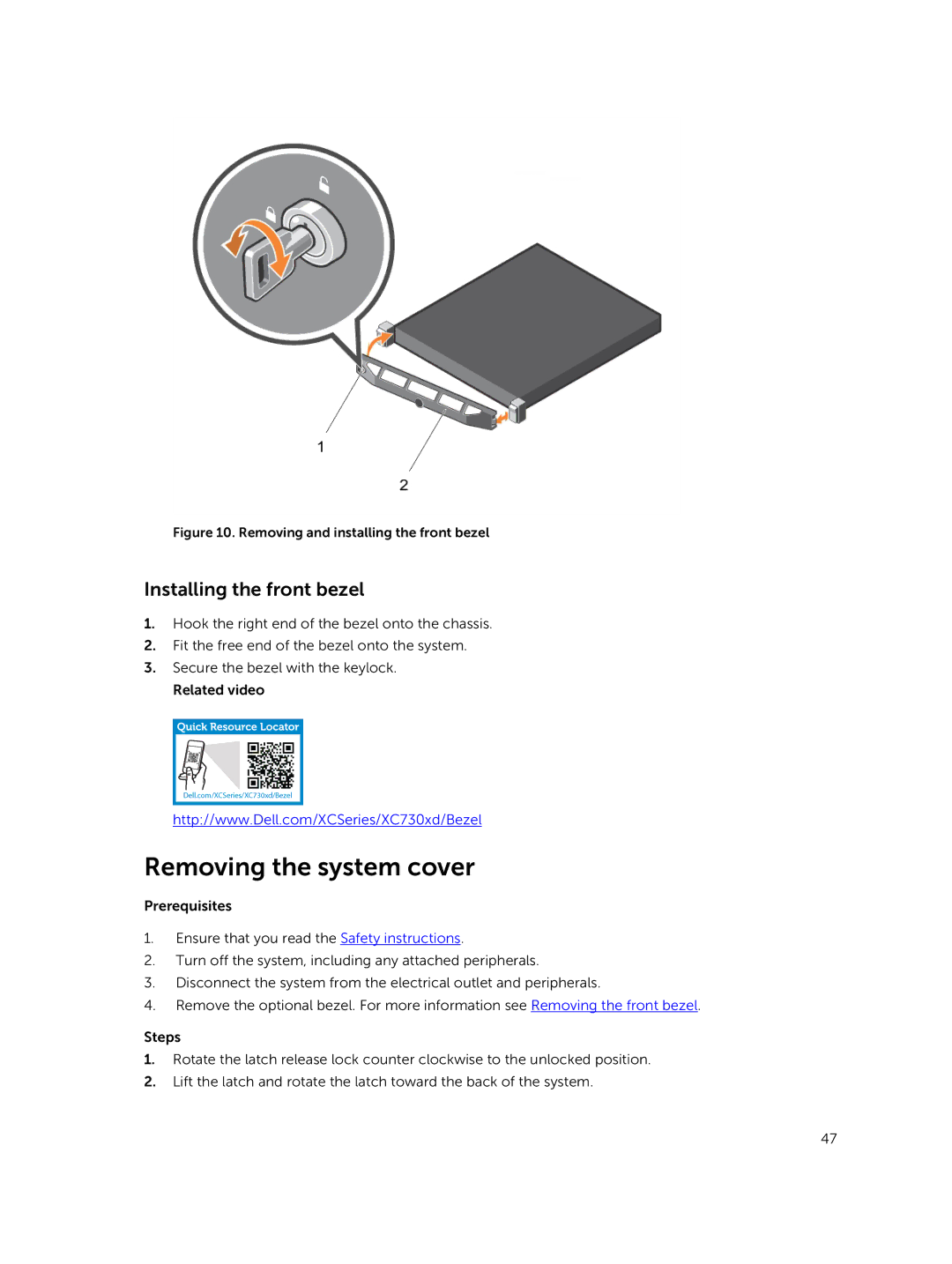 Dell XC730xd owner manual Removing the system cover, Installing the front bezel 