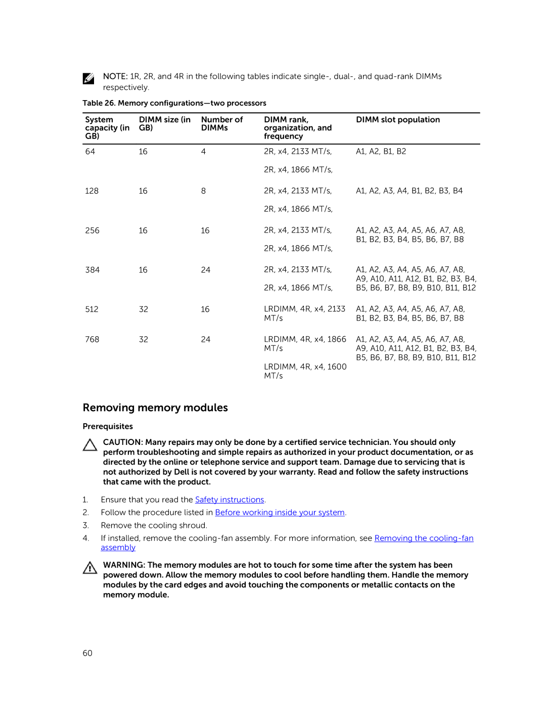 Dell XC730xd owner manual Removing memory modules 