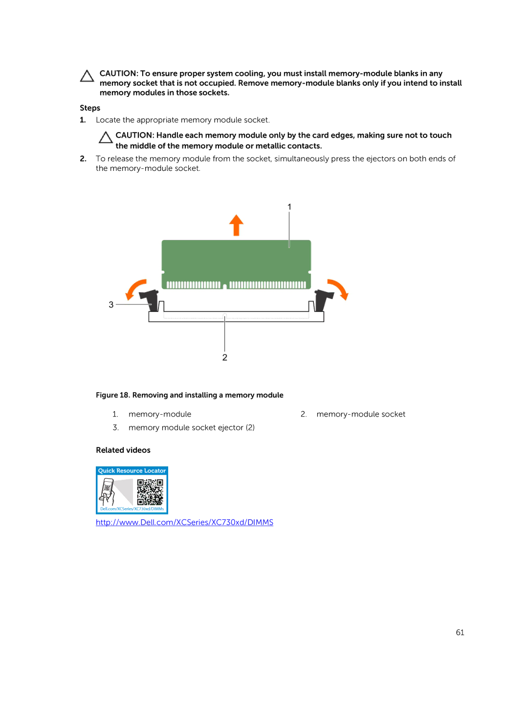 Dell XC730xd owner manual Removing and installing a memory module 