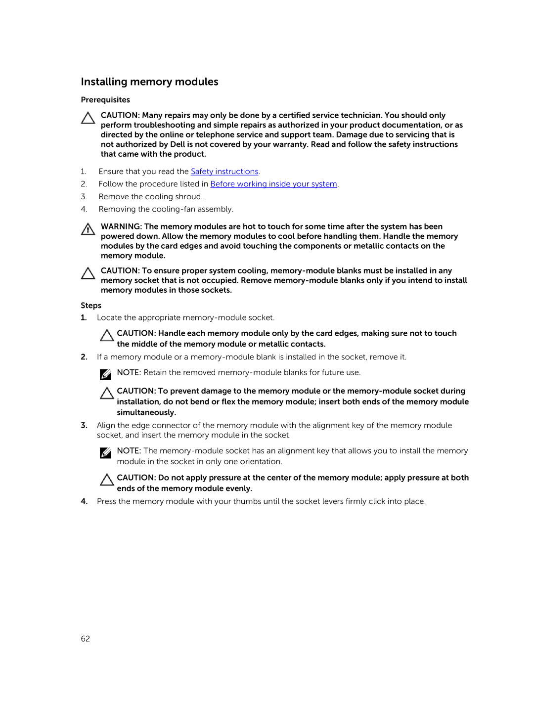 Dell XC730xd owner manual Installing memory modules 