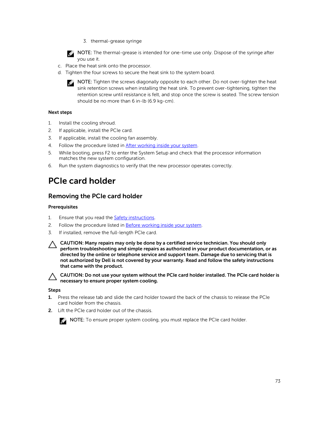 Dell XC730xd owner manual Removing the PCIe card holder 