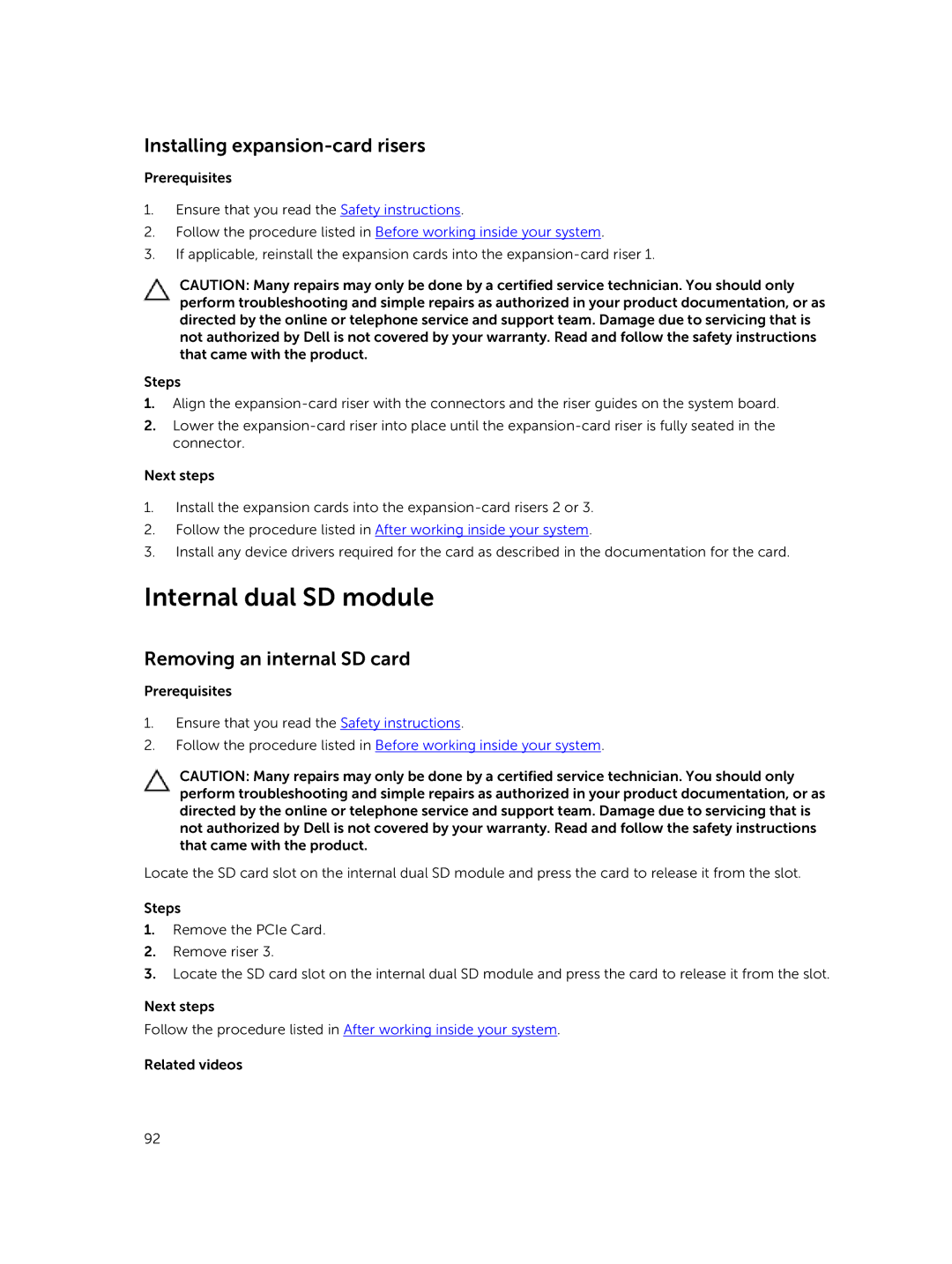 Dell XC730xd owner manual Internal dual SD module, Installing expansion-card risers, Removing an internal SD card 