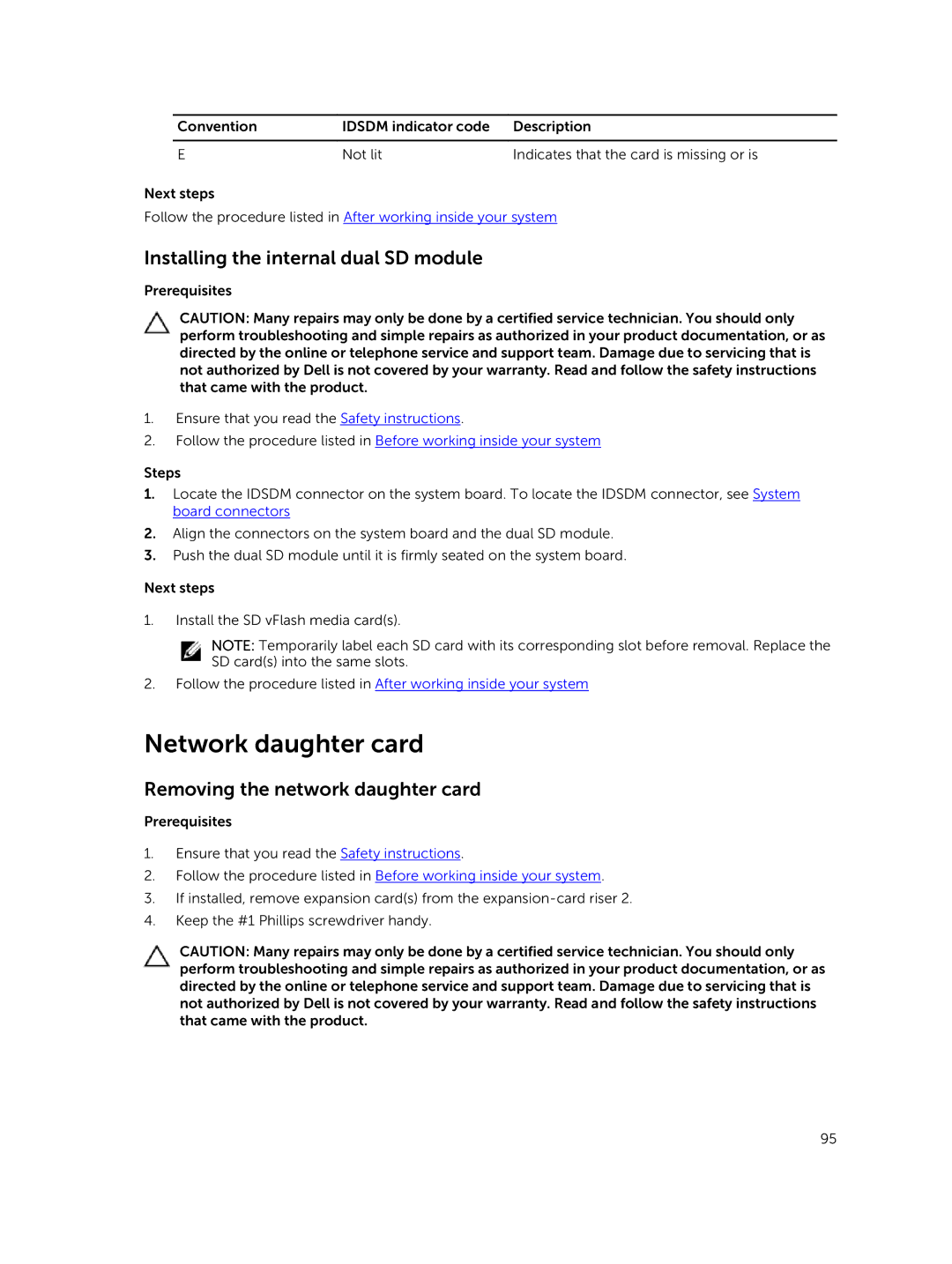 Dell XC730xd owner manual Network daughter card, Installing the internal dual SD module, Removing the network daughter card 