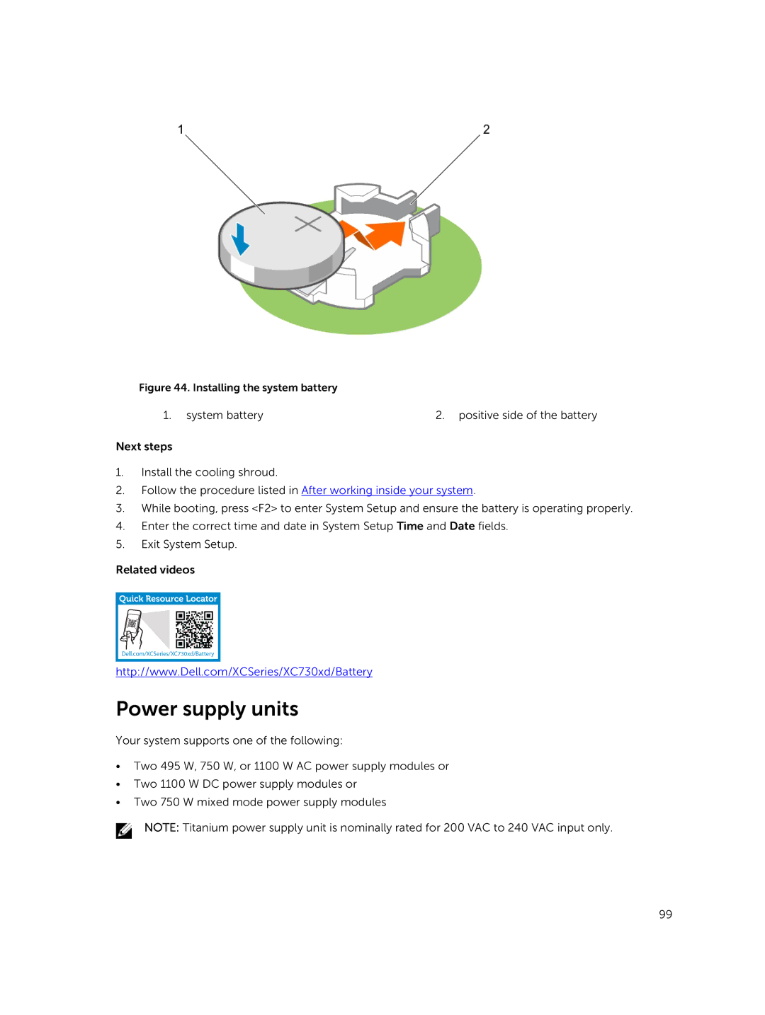 Dell XC730xd owner manual Power supply units, Installing the system battery 