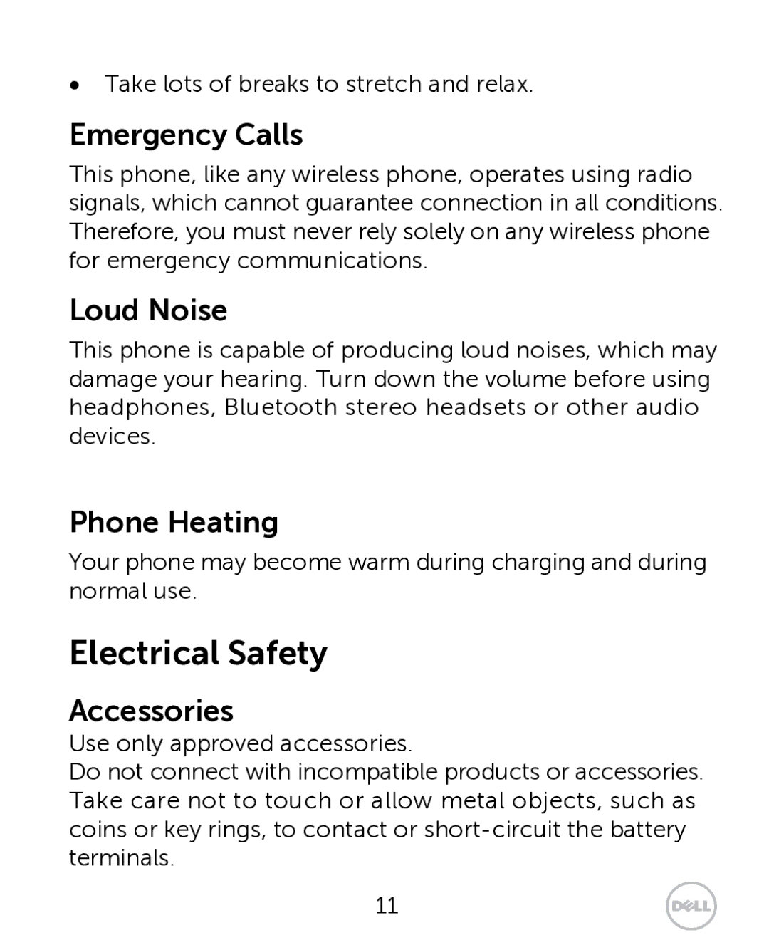 Dell XCD35 user manual Electrical Safety, Emergency Calls, Loud Noise, Phone Heating, Accessories 