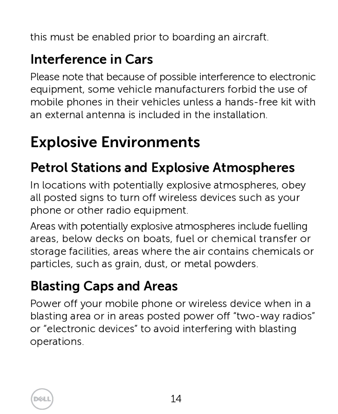 Dell XCD35 user manual Explosive Environments, Interference in Cars, Petrol Stations and Explosive Atmospheres 