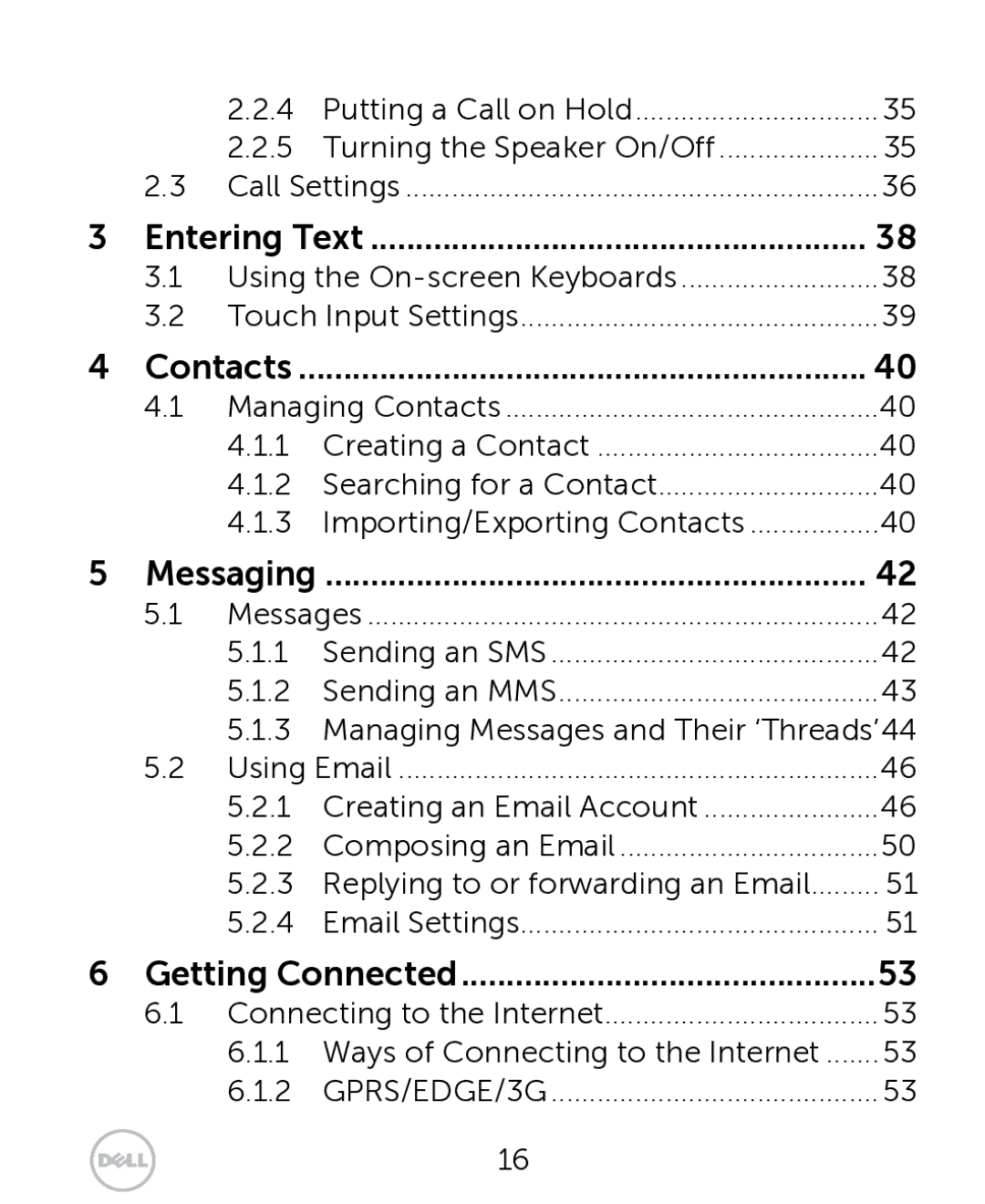 Dell XCD35 user manual Contacts, Messaging 