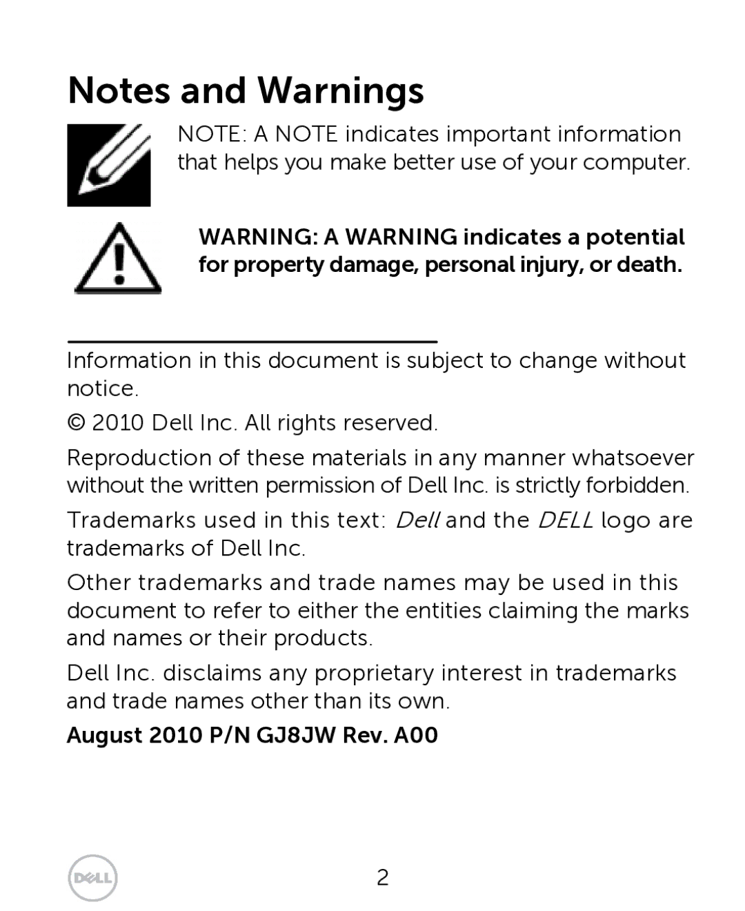 Dell XCD35 user manual August 2010 P/N GJ8JW Rev. A00 