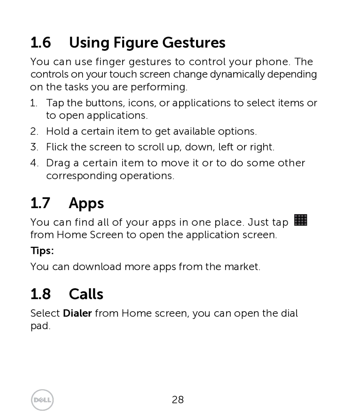 Dell XCD35 user manual Using Figure Gestures, Apps, Calls 