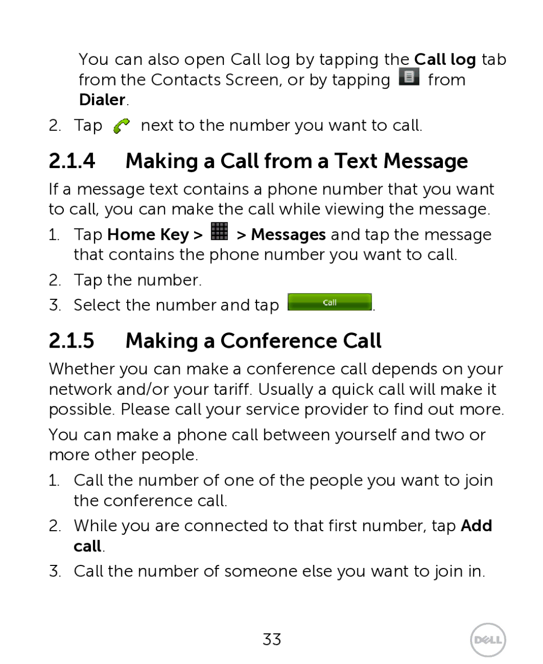 Dell XCD35 user manual Making a Call from a Text Message, Making a Conference Call 