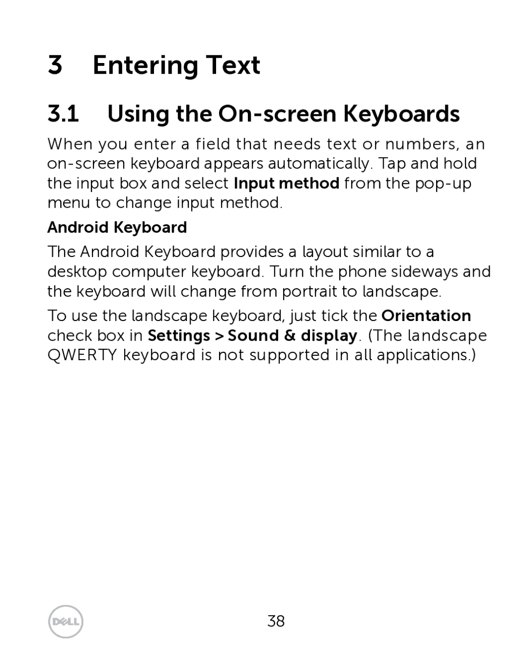 Dell XCD35 user manual Entering Text, Using the On-screen Keyboards, Android Keyboard 