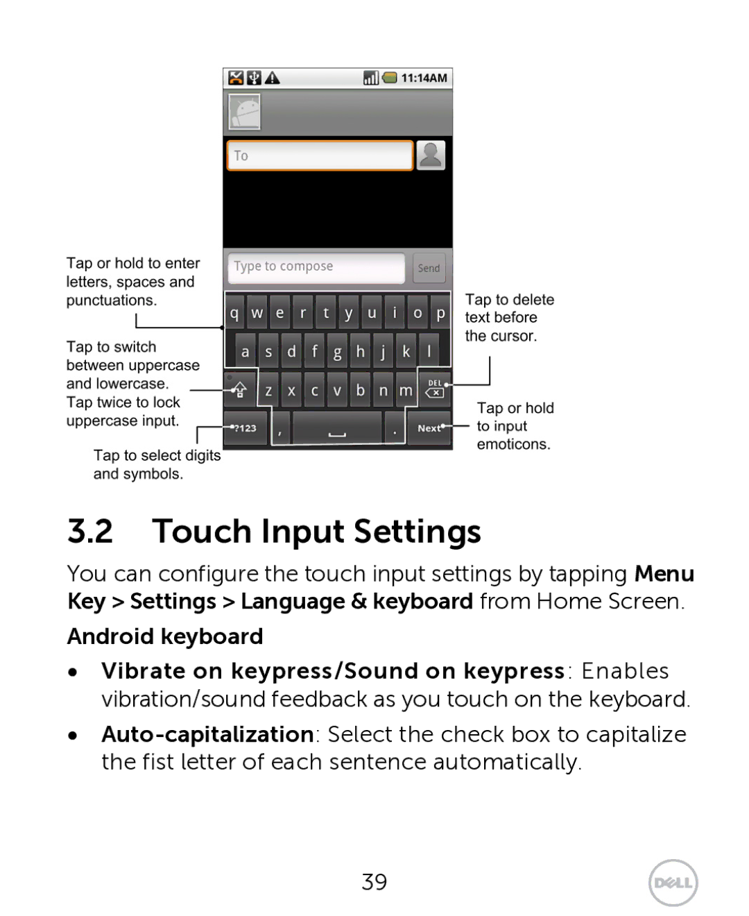 Dell XCD35 user manual Touch Input Settings 