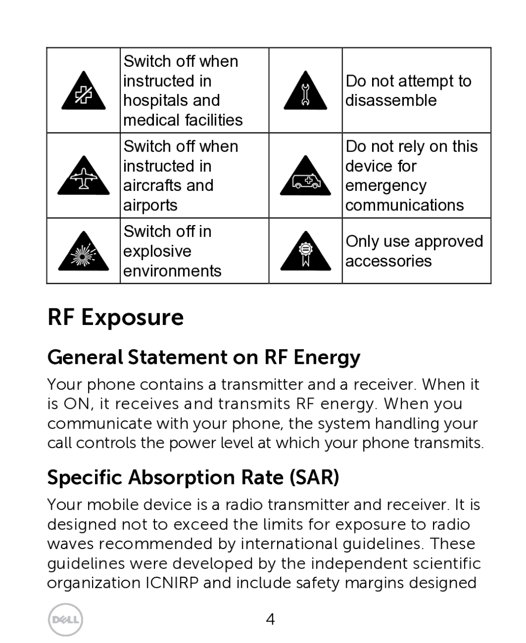 Dell XCD35 user manual RF Exposure, General Statement on RF Energy, Specific Absorption Rate SAR 