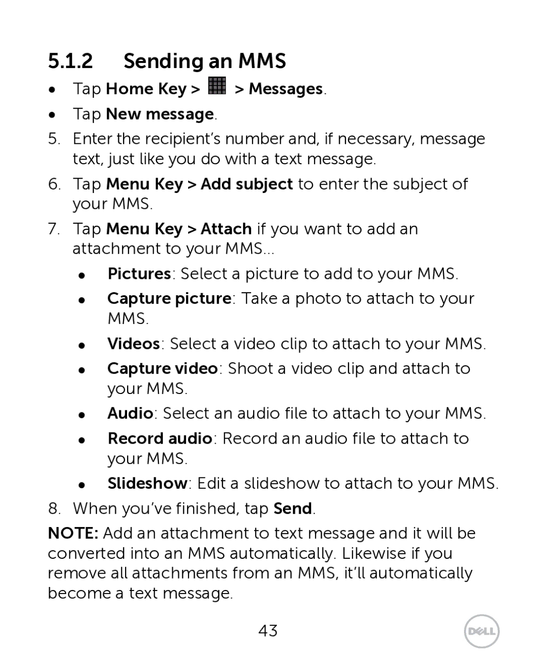 Dell XCD35 user manual Sending an MMS 