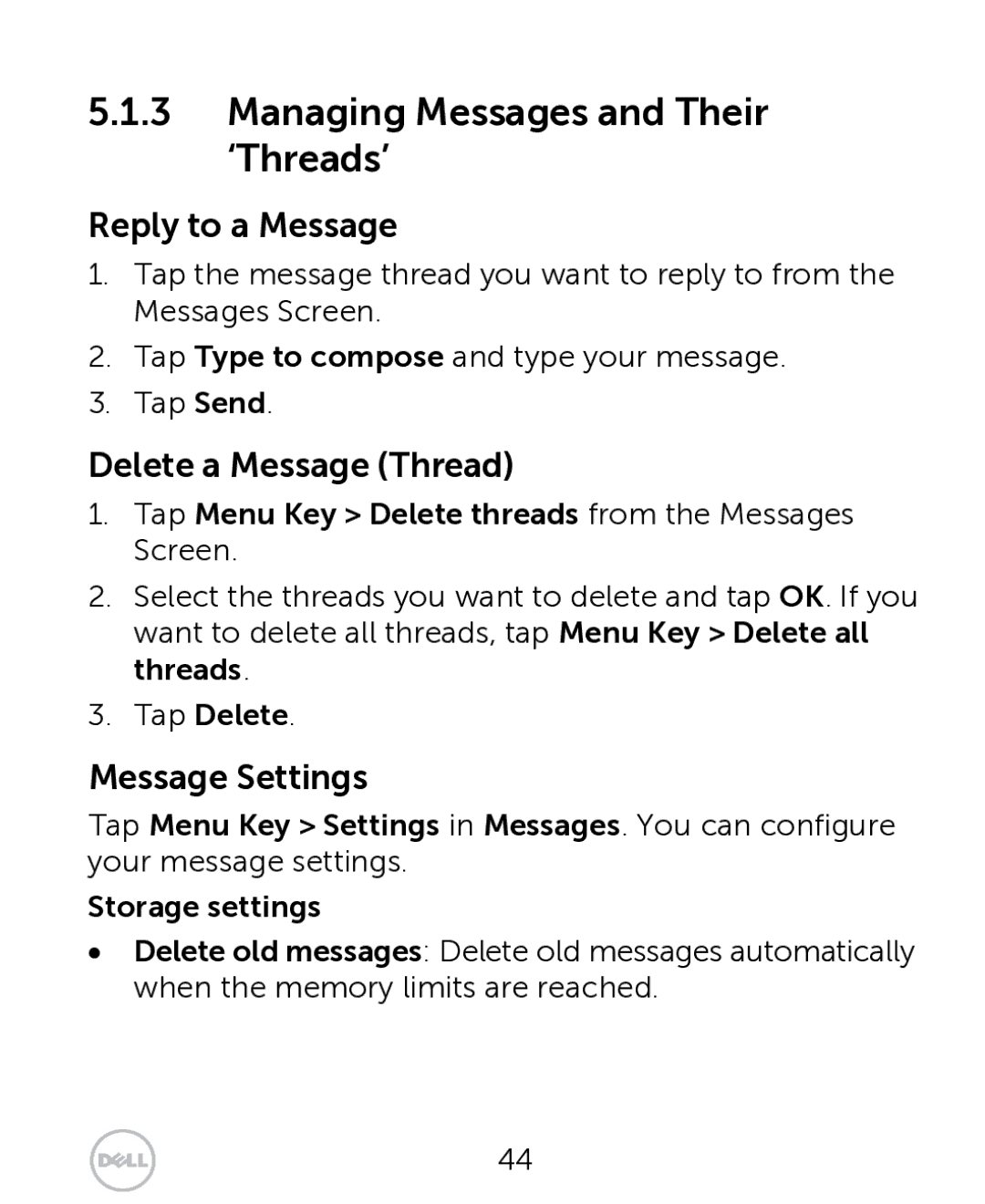 Dell XCD35 Managing Messages and Their ‘Threads’, Tap Menu Key Delete threads from the Messages Screen, Tap Delete 