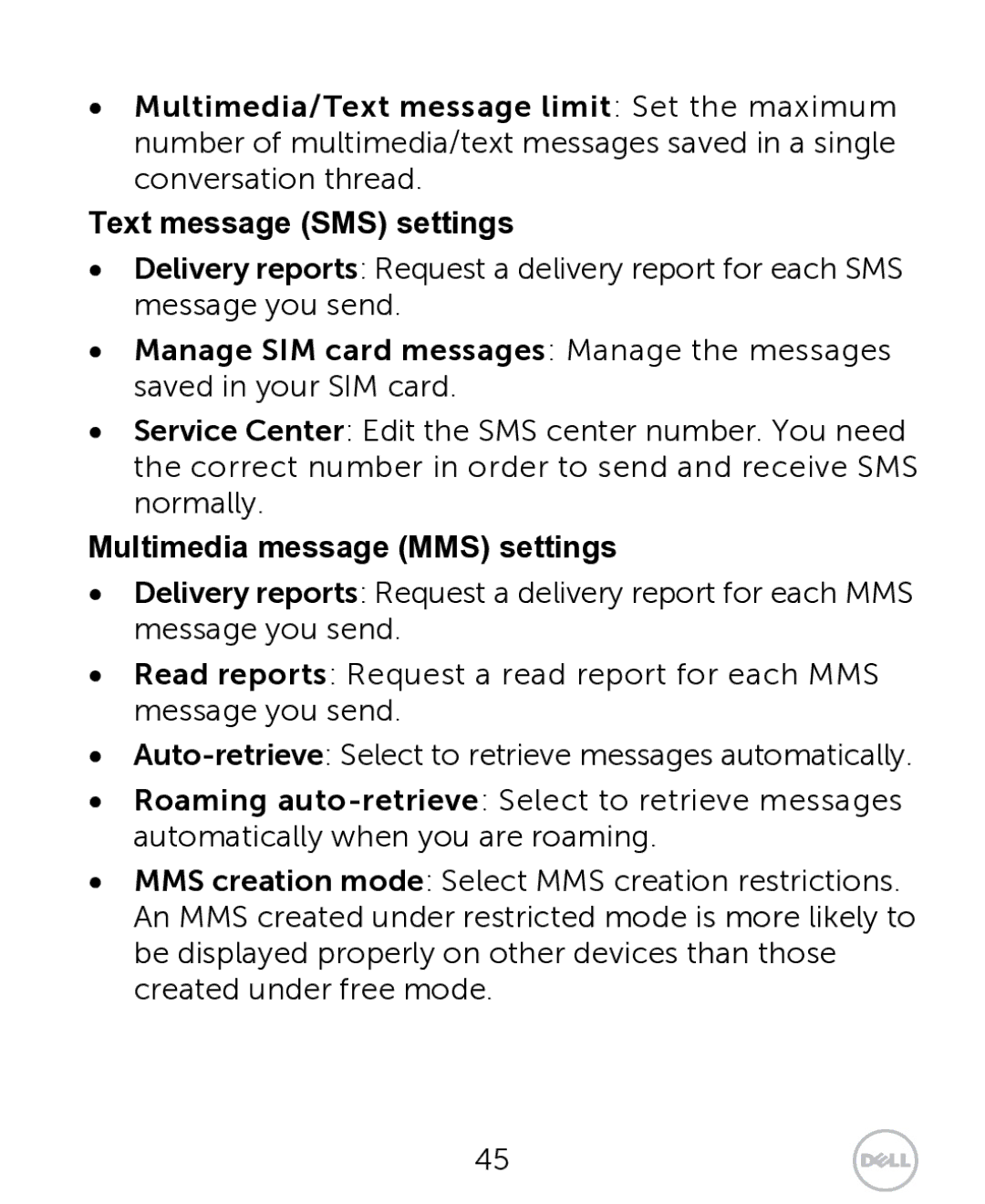 Dell XCD35 user manual Multimedia message MMS settings 