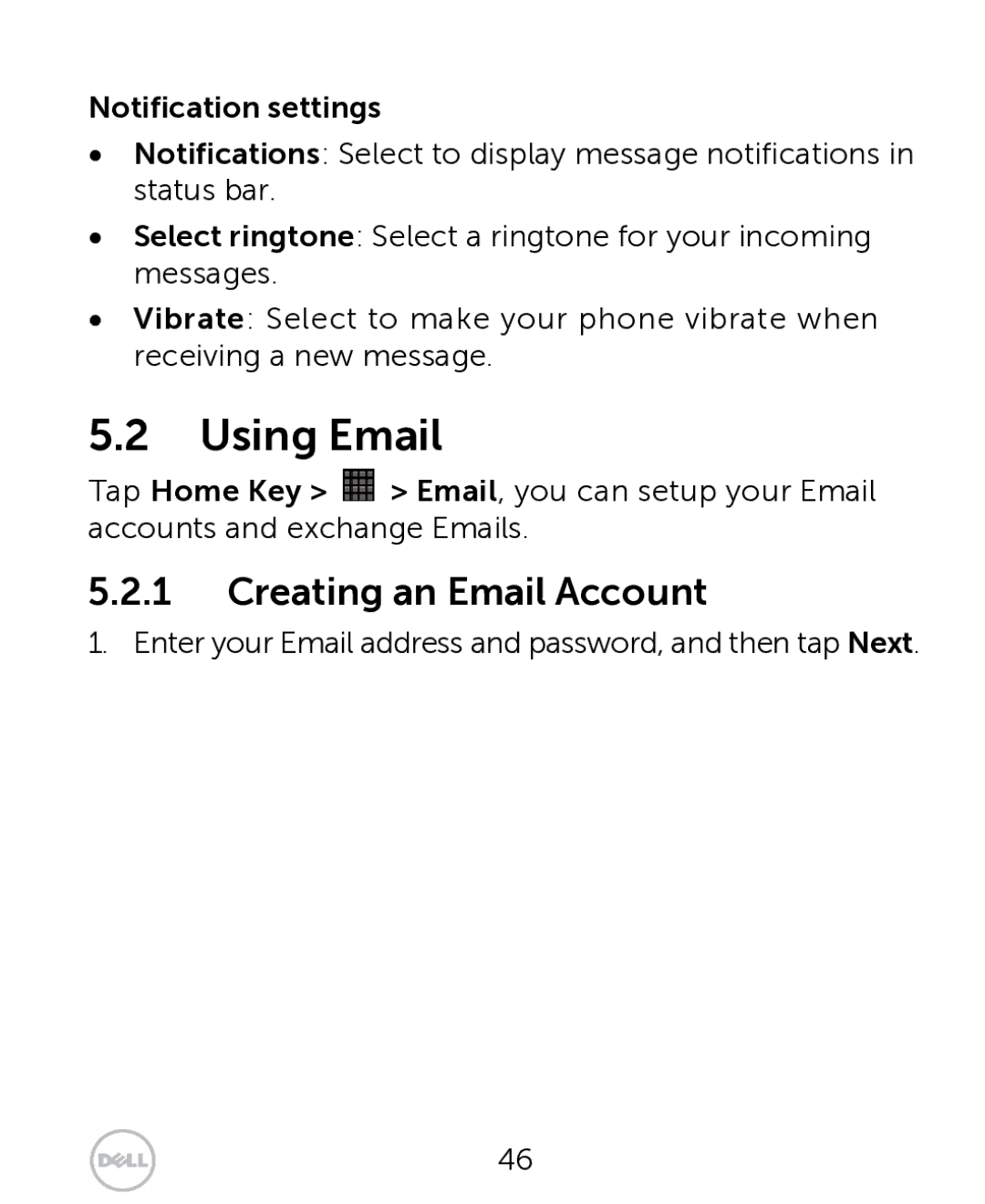 Dell XCD35 user manual Using Email, Creating an Email Account, Notification settings 