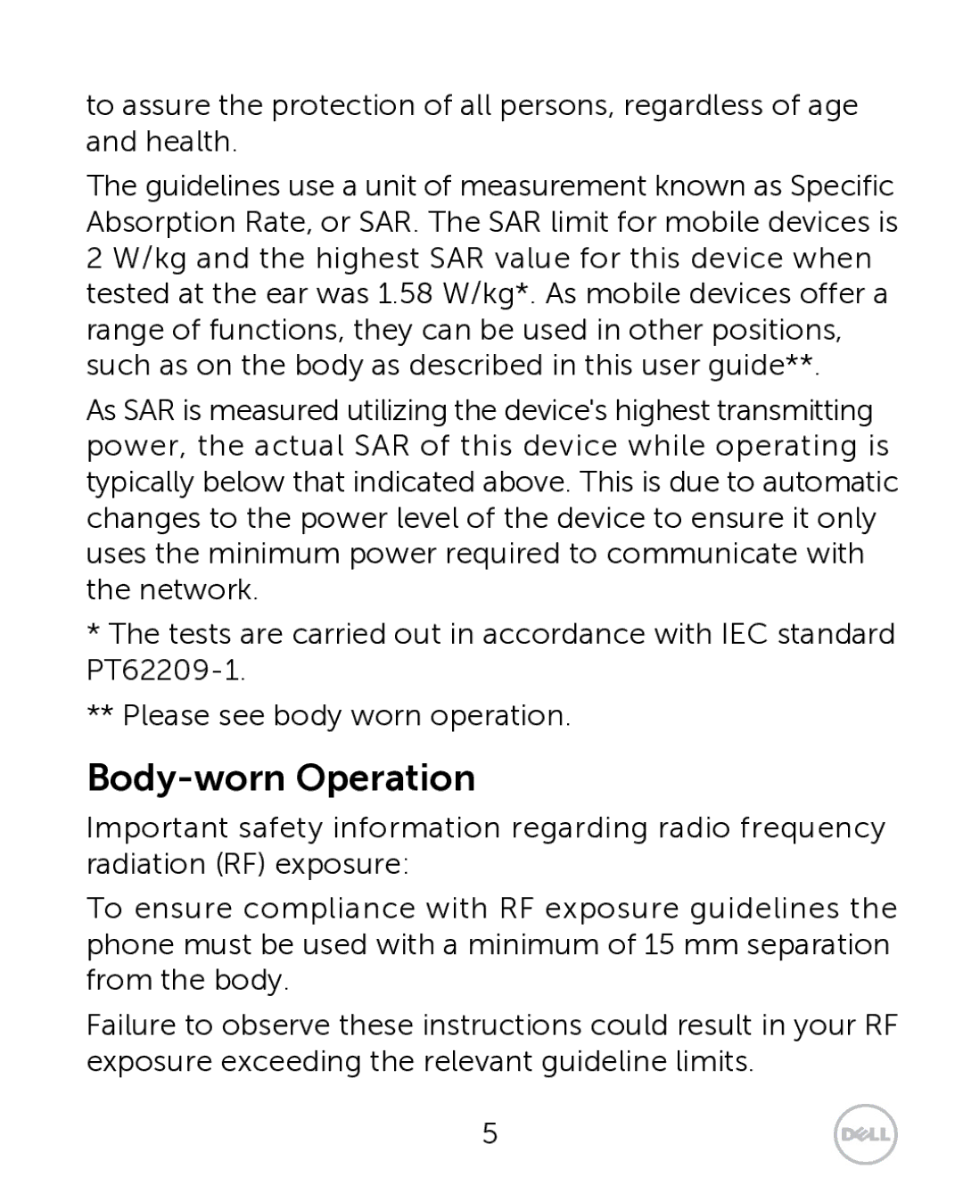 Dell XCD35 user manual Body-worn Operation 